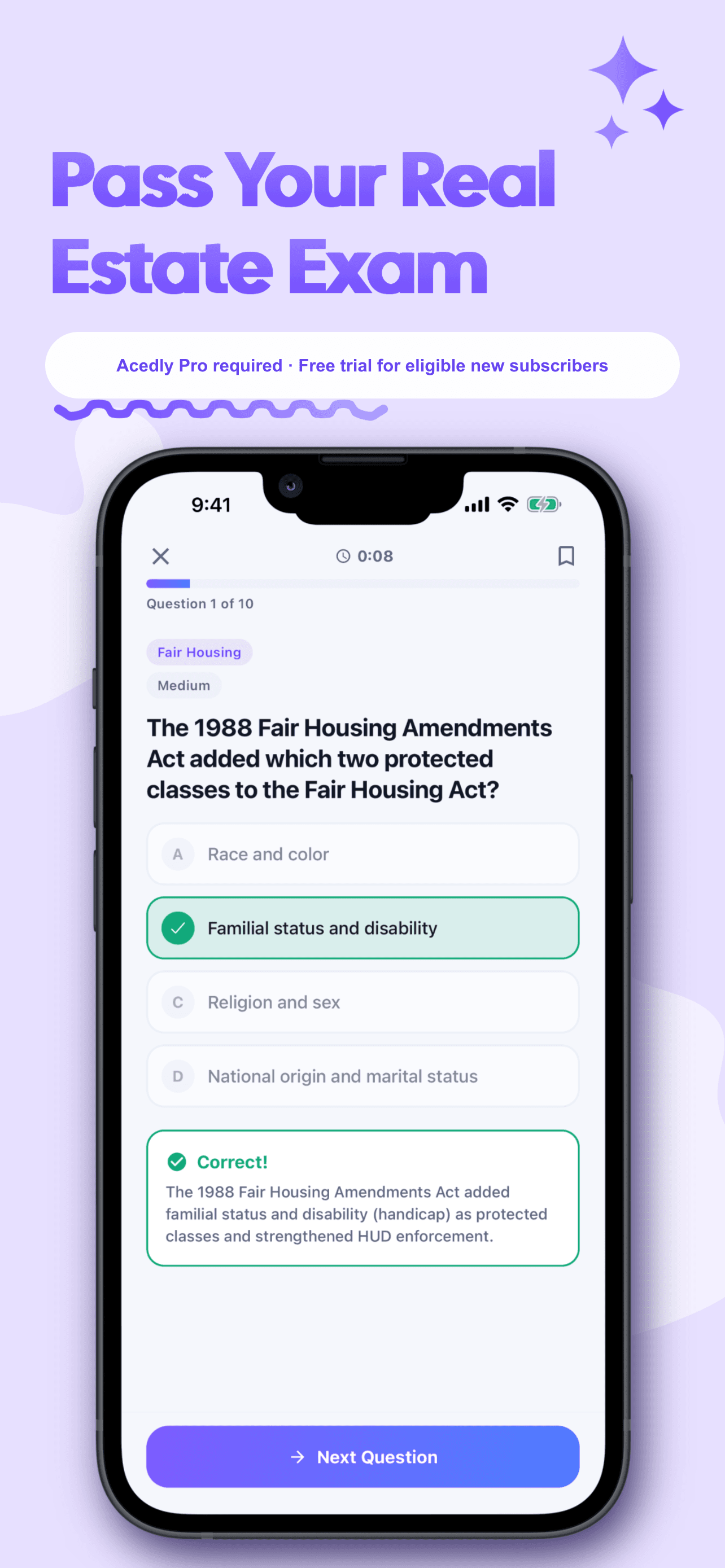 Acedly practice question and answer screen