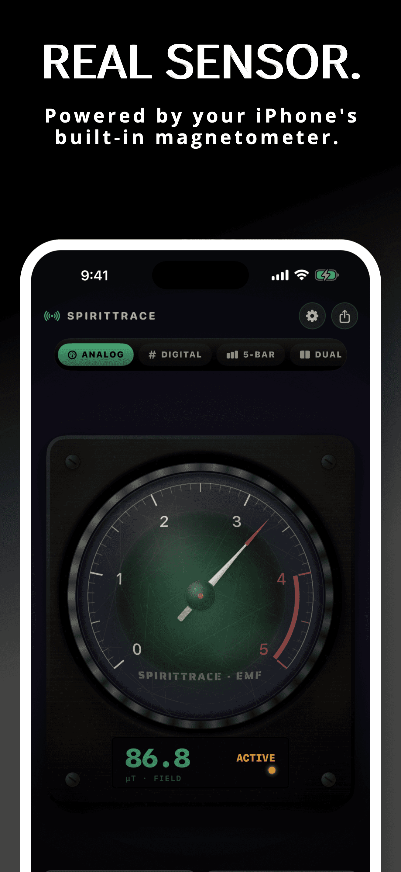 SpiritTrace EMF analog meter using the iPhone magnetometer