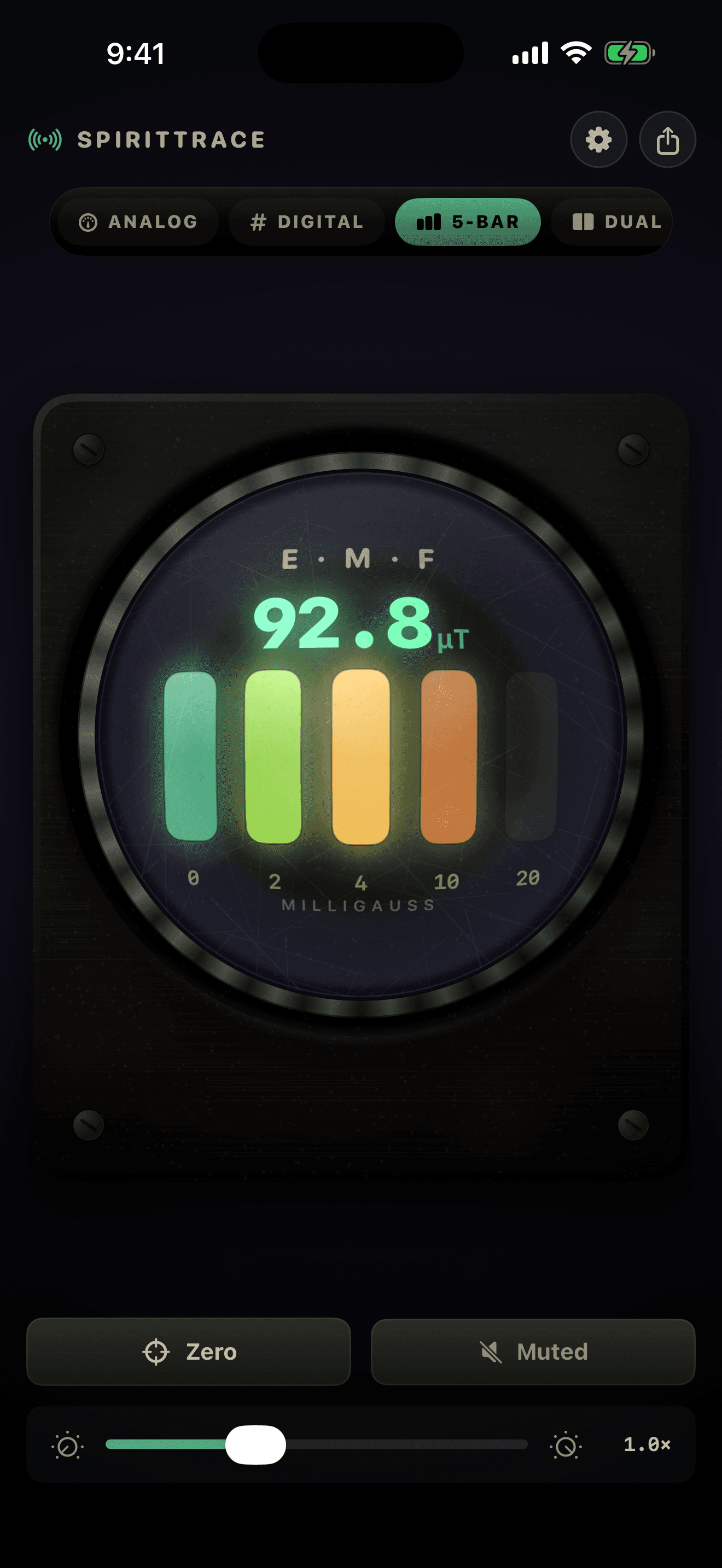 SpiritTrace EMF five-bar meter display