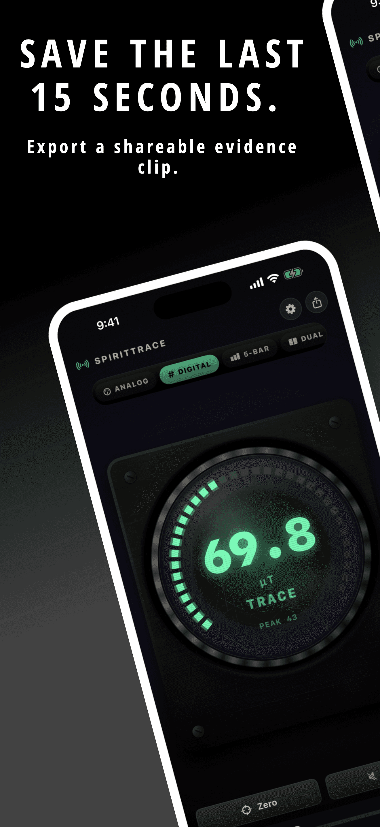 SpiritTrace EMF digital meter and shareable evidence clip feature
