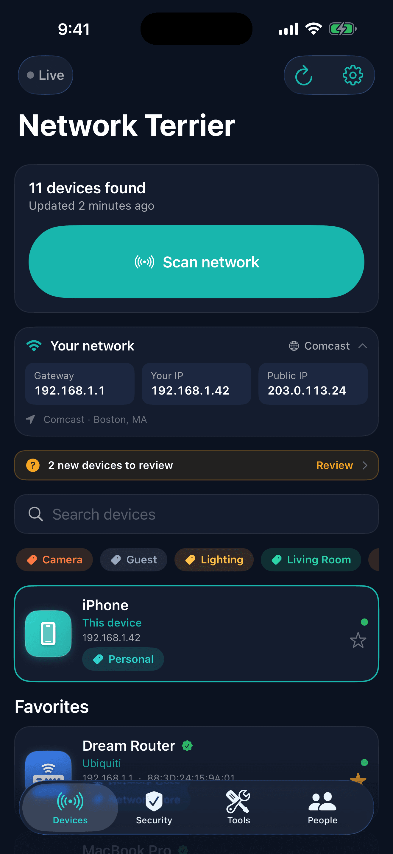 Network Terrier connected-device dashboard