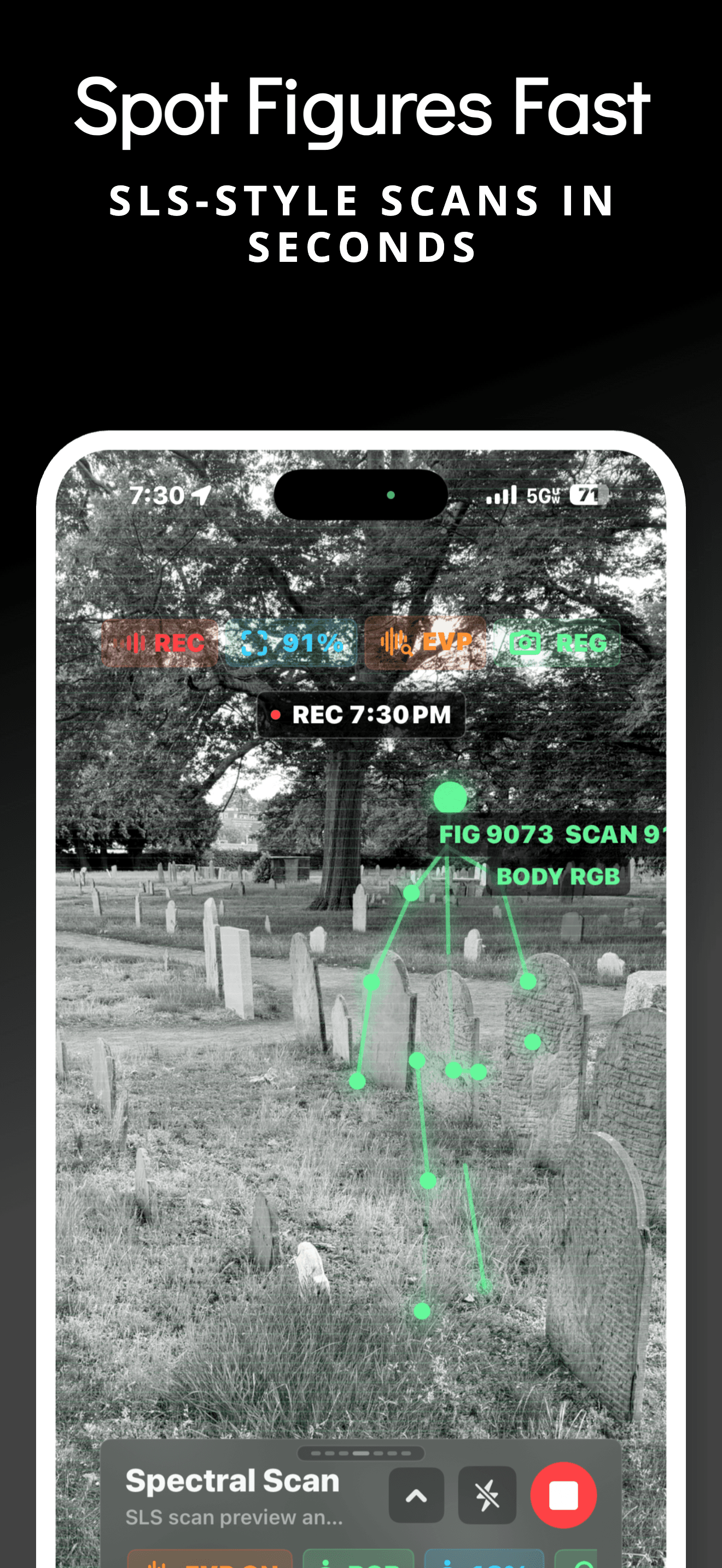 SLS Camera app screenshot showing an SLS-style figure overlay on a live scan